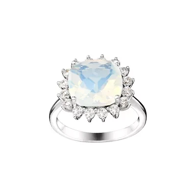 Silver Plated Moonstone Glass and Cubic Zirconia Sunburst Ring