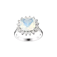 Silver Plated Moonstone Glass and Cubic Zirconia Sunburst Ring