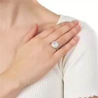 Silver Plated Moonstone Glass and Cubic Zirconia Sunburst Ring