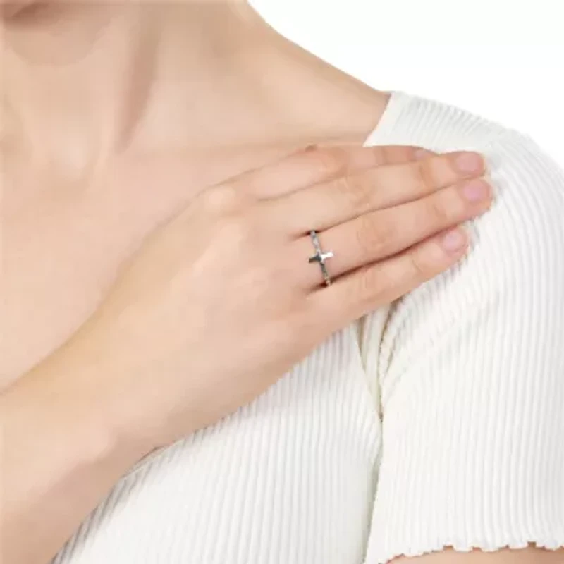 Sterling Silver Side Cross Band Ring with Twisted