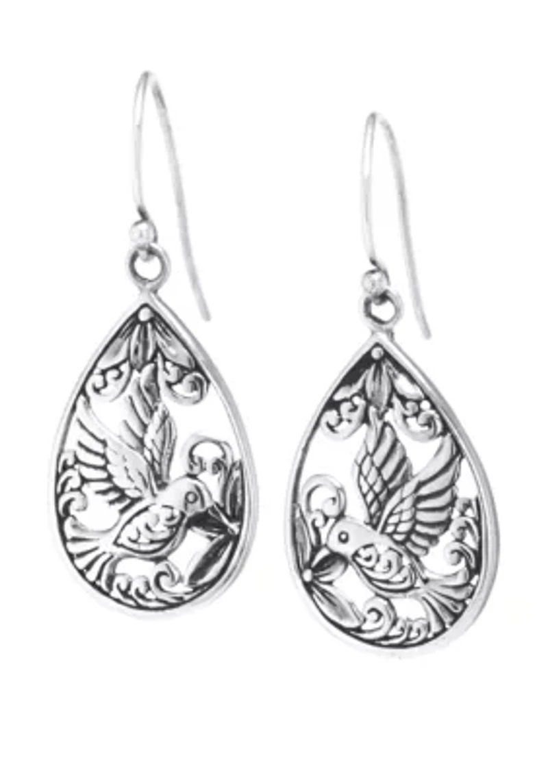 Sterling Silver Oxidized Hummingbird Teardrop Earrings