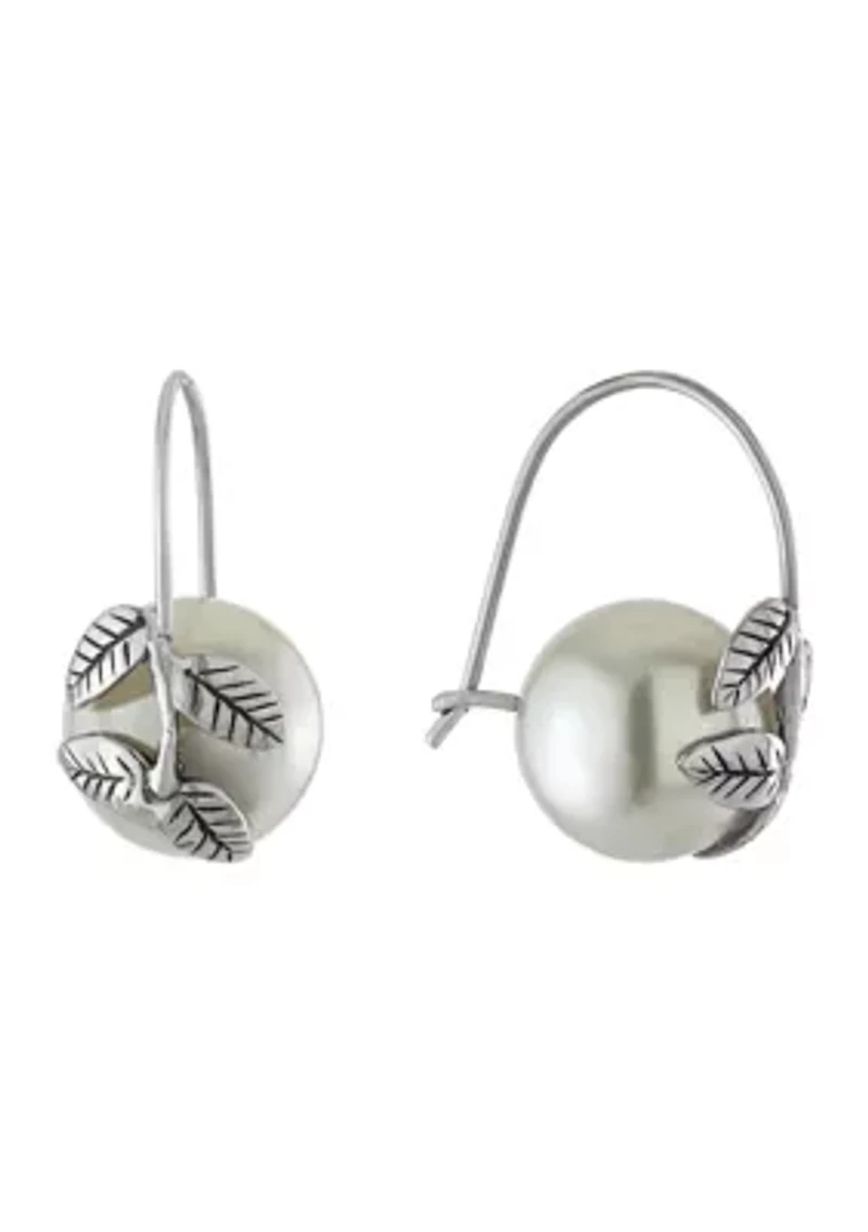 Sterling Silver Simulated Pearl with Leaf Earrings
