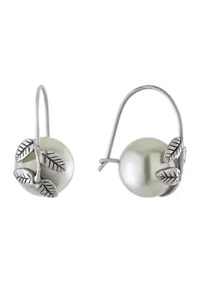 Sterling Silver Simulated Pearl with Leaf Earrings