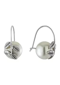 Sterling Silver Simulated Pearl with Leaf Earrings