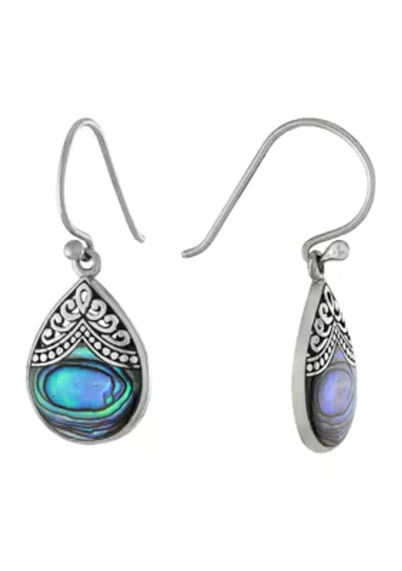 Sterling Silver Oxidized Abalone Filigree Teardrop Earrings