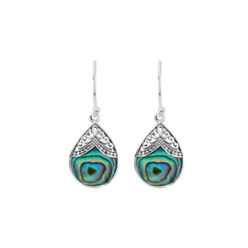 Sterling Silver Oxidized Abalone Filigree Teardrop Earrings