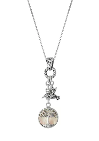  18 Inch Oxidized Sterling Silver Mother of Pearl Tree of Life with Bird Pendant Necklace