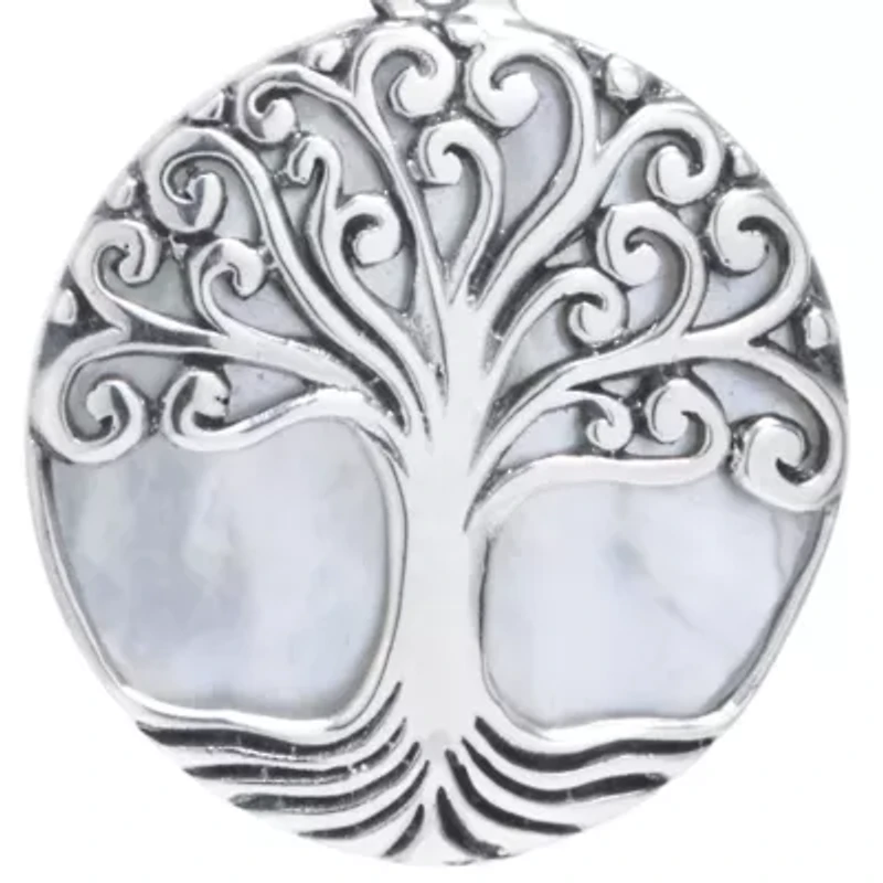  Sterling Silver Bali Round Mother of Pearl Tree of Life Pendant 18" Necklace 