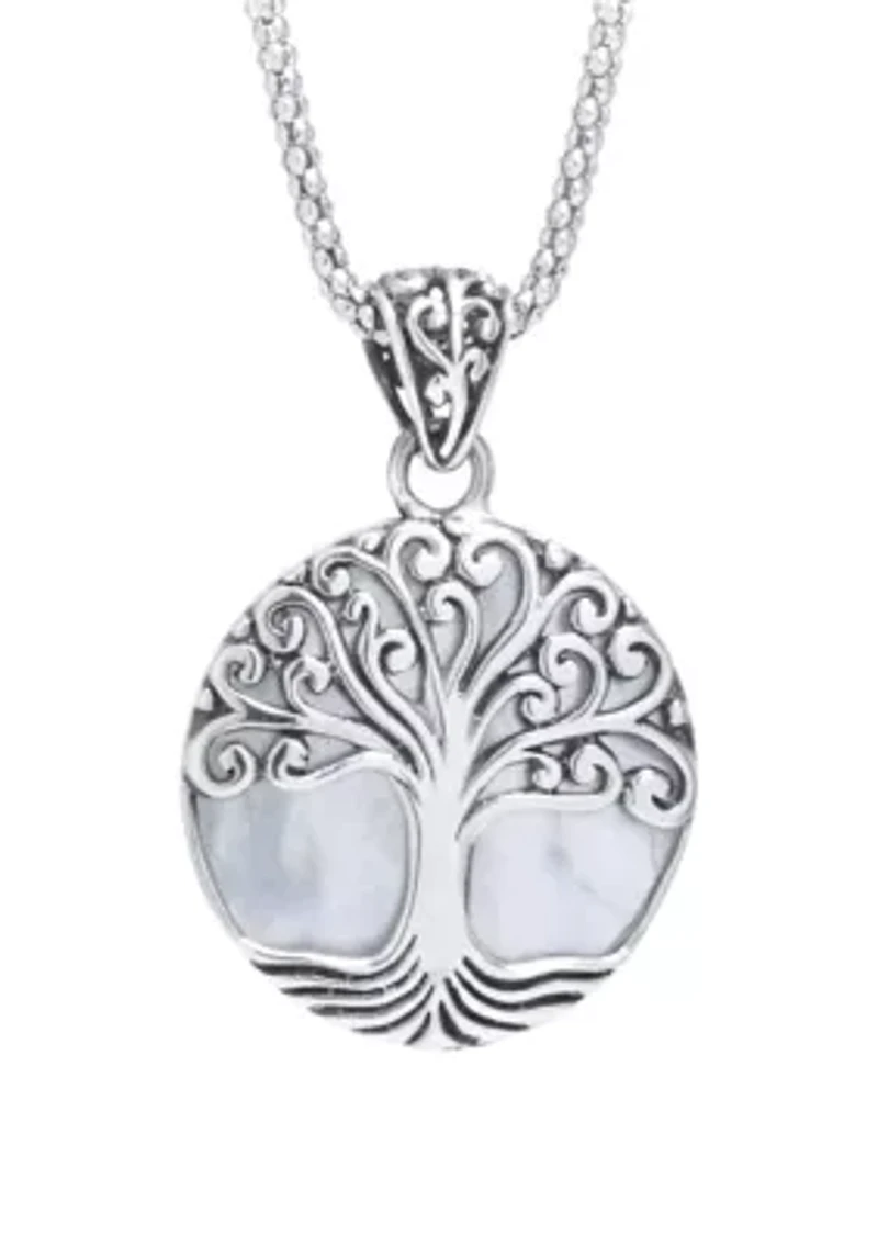 Sterling Silver Bali Round Mother of Pearl Tree of Life Pendant 18" Necklace