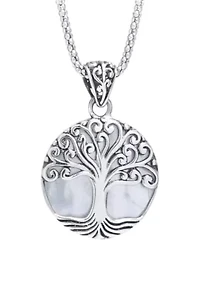  Sterling Silver Bali Round Mother of Pearl Tree of Life Pendant 18" Necklace 