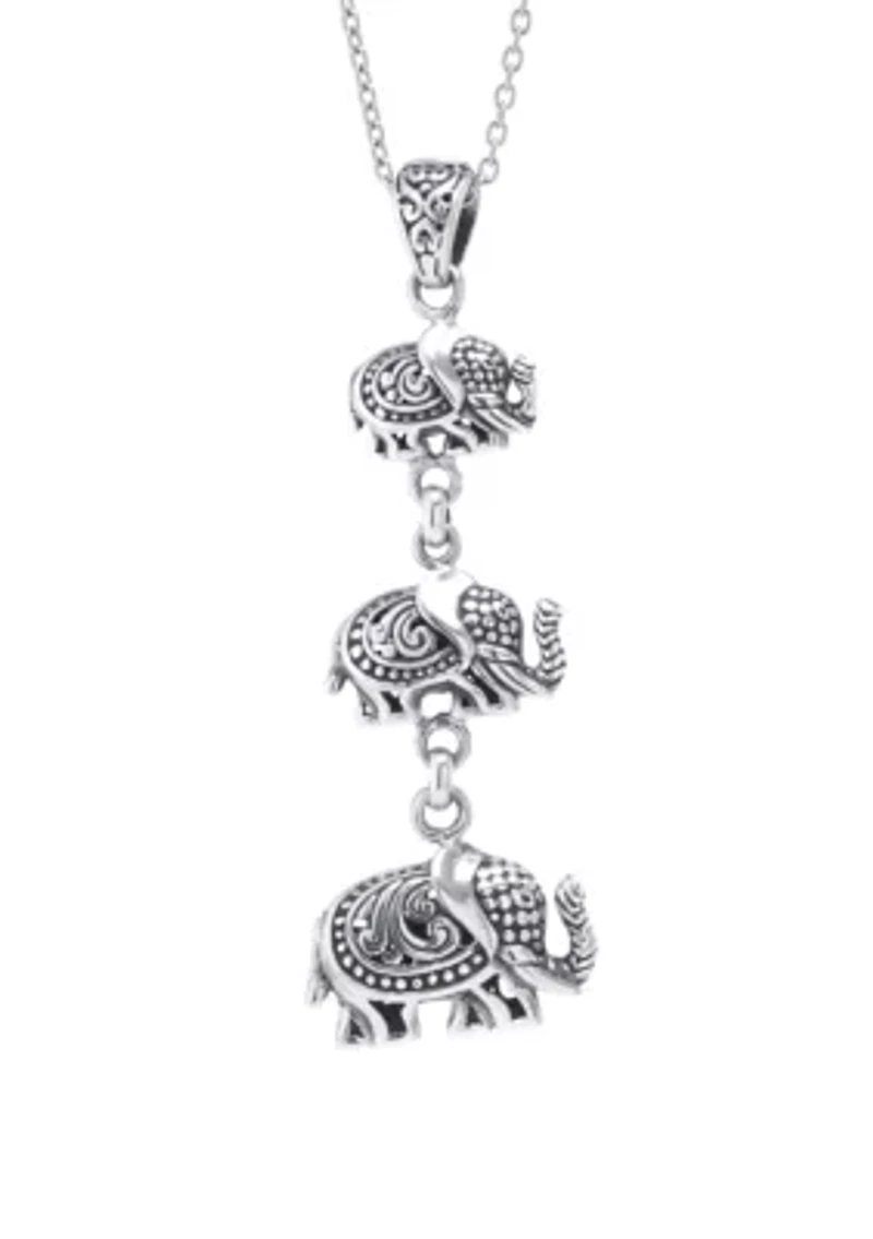 Sterling Silver Bali Triple Elephant Pendant 18" Necklace