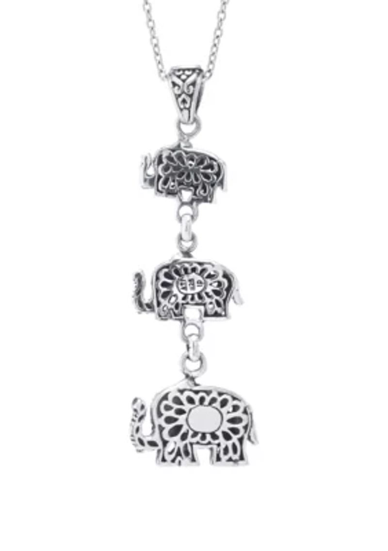 Sterling Silver Bali Triple Elephant Pendant 18" Necklace