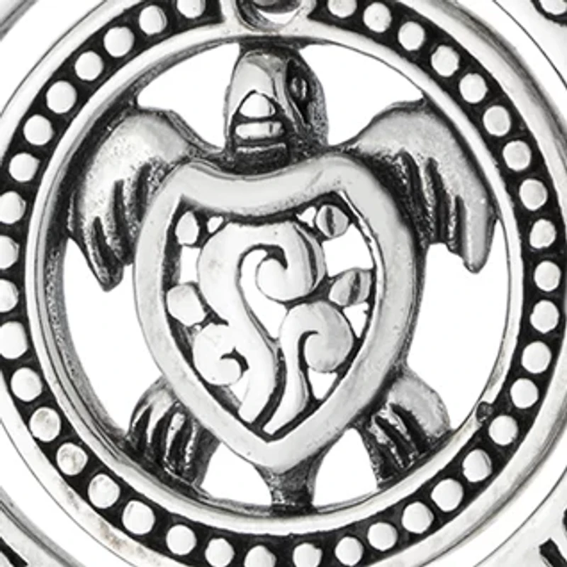 18 Inch Oxidized Sterling Silver Round Stay Strong Turtle Pendant Necklace 
