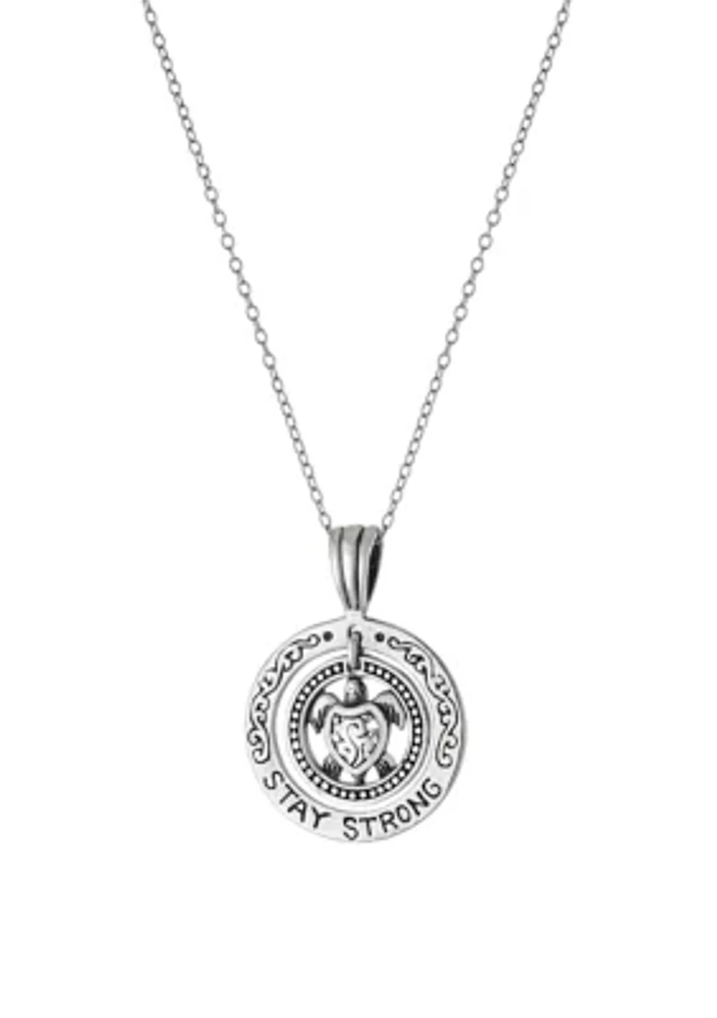 18 Inch Oxidized Sterling Silver Round Stay Strong Turtle Pendant Necklace 