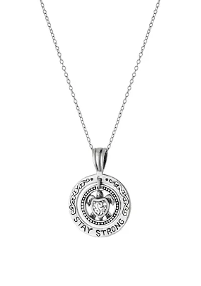 18 Inch Oxidized Sterling Silver Round Stay Strong Turtle Pendant Necklace 