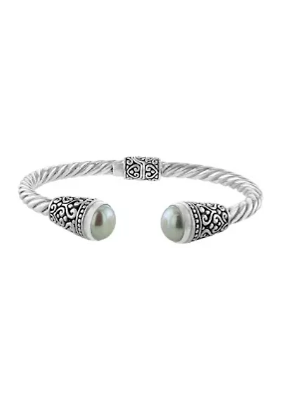 Sterling Silver Freshwater Pearl Oxidized Filigree Hindged Cuff Bracelet