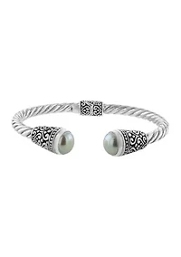Sterling Silver Freshwater Pearl Oxidized Filigree Hindged Cuff Bracelet