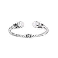 Sterling Silver Freshwater Pearl Oxidized Filigree Hindged Cuff Bracelet