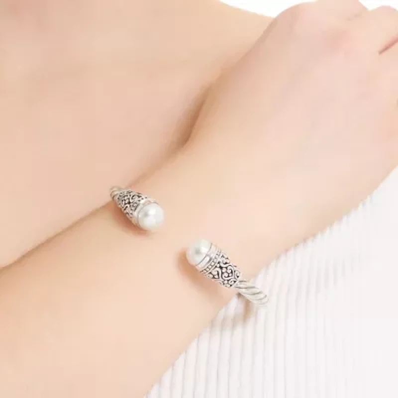 Sterling Silver Freshwater Pearl Oxidized Filigree Hindged Cuff Bracelet