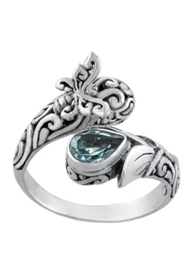 Sterling Silver Blue Topaz Oxidized Butterfly Bypass Ring - Size 7