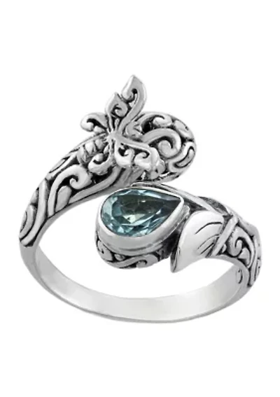 Sterling Silver Blue Topaz Oxidized Butterfly Bypass Ring - Size 7