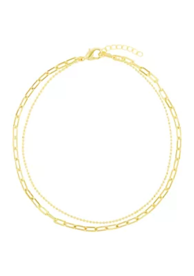 Gold Plated Paperclip and Beaded Double Chain Anklet