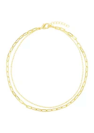 Gold Plated Paperclip and Beaded Double Chain Anklet