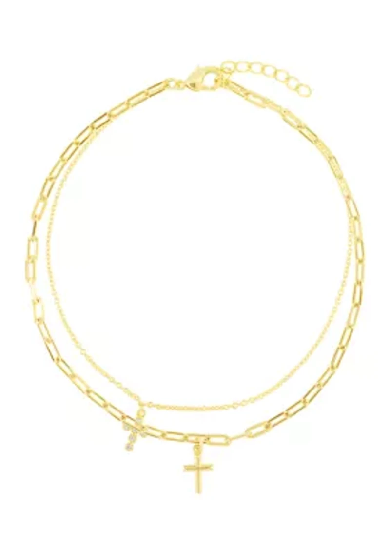 Gold Plated Cubic Zirconia Cross Double Chain Anklet