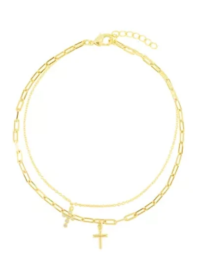 Gold Plated Cubic Zirconia Cross Double Chain Anklet