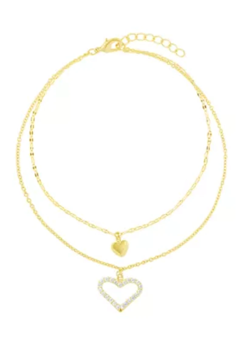 Gold Plated Cubic Zirconia Heart Double Chain Anklet