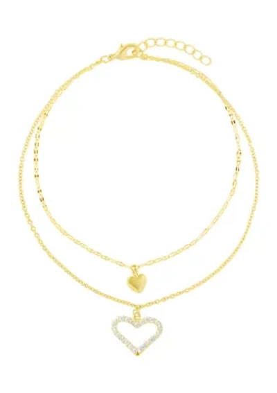 Gold Plated Cubic Zirconia Heart Double Chain Anklet