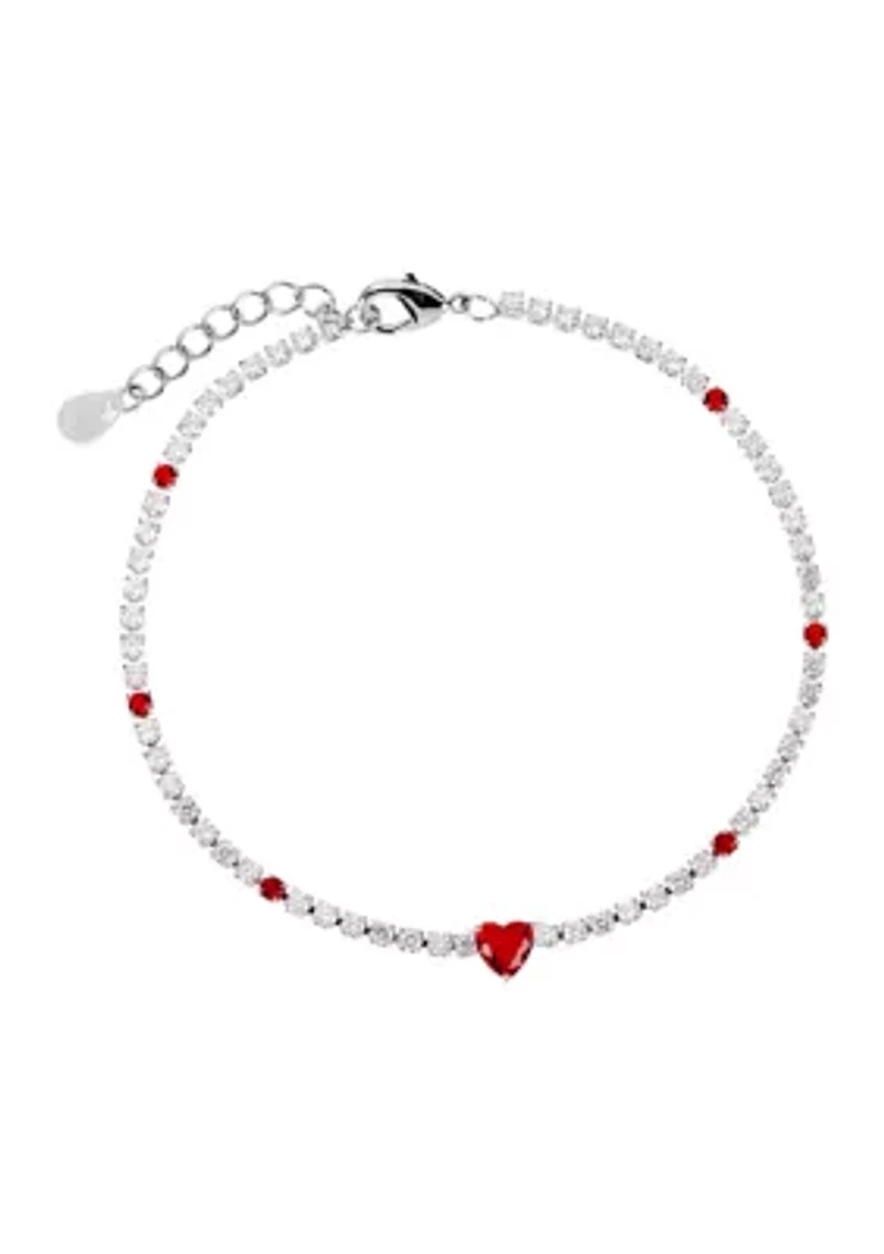 Silver Plated Cubic Zirconia Red Heart Tennis Bracelet