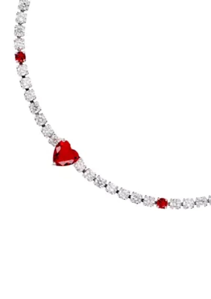 Silver Plated Cubic Zirconia Red Heart Tennis Bracelet