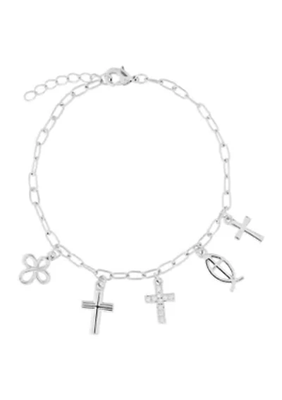Silver Plated Cubic Zirconia Religious Charm Bracelet
