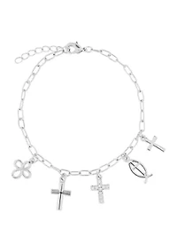 Silver Plated Cubic Zirconia Religious Charm Bracelet