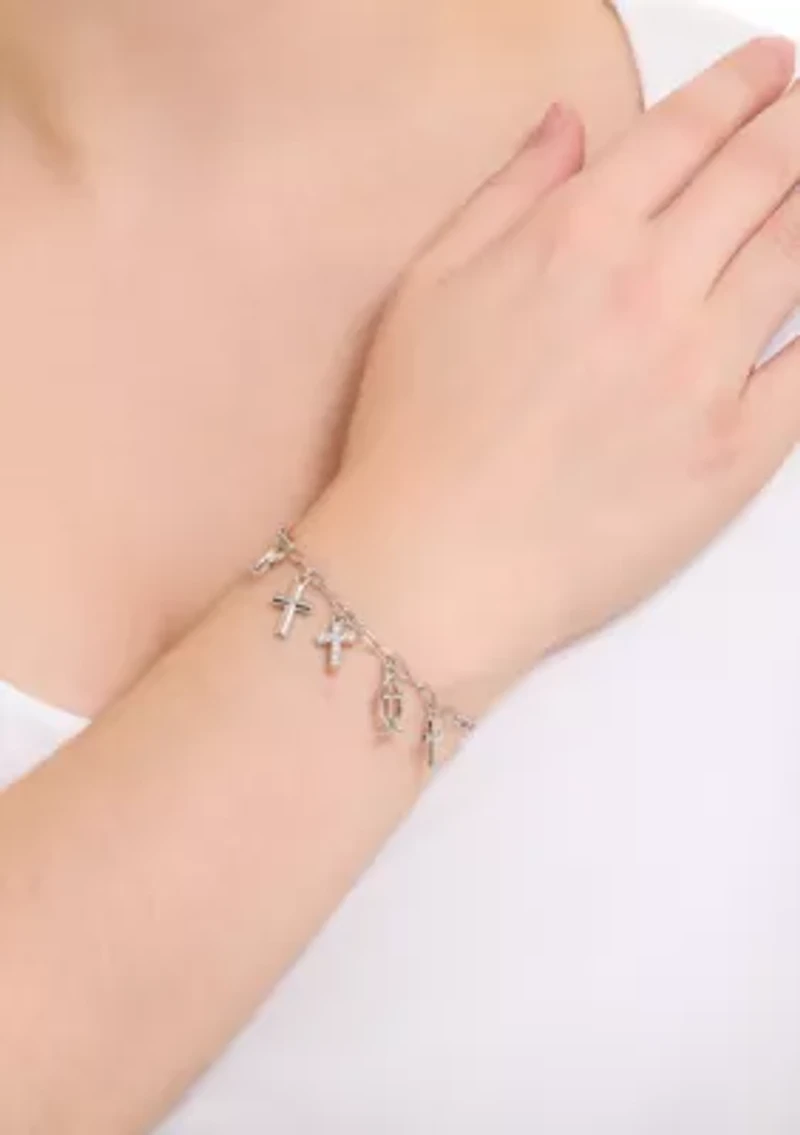 Silver Plated Cubic Zirconia Religious Charm Bracelet