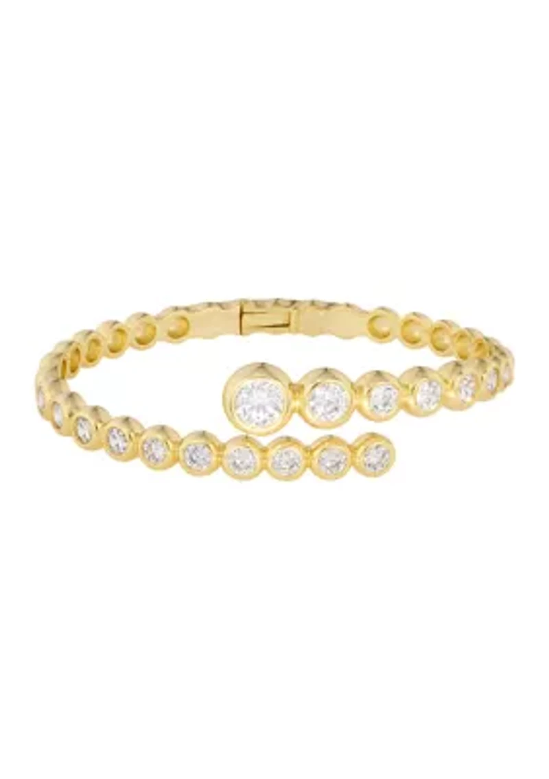 Gold Plated Cubic Zirconia Bezel Bypass Bangle Bracelet