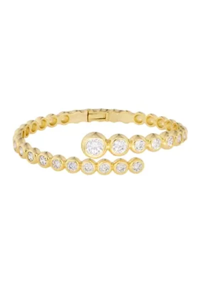 Gold Plated Cubic Zirconia Bezel Bypass Bangle Bracelet
