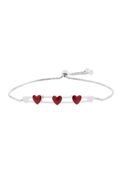 Boxed Fine Silver Plated Sliding Red Heart Charm Adjustable Bolo Bracelet