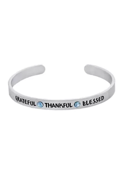 Boxed Fine Silver Plated 7 Inch Light Blue Crystal "Grateful, Thankful, Blessed" Cuff Bracelet