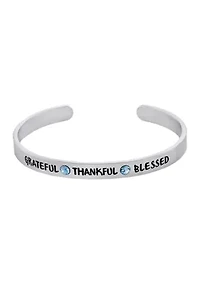 Boxed Fine Silver Plated 7 Inch Light Blue Crystal "Grateful, Thankful, Blessed" Cuff Bracelet