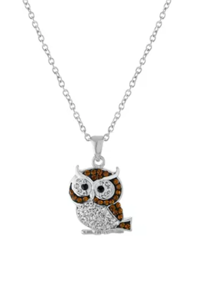 Boxed Fine Silver Plated Crystal Pave Owl Necklace