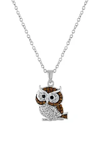 Boxed Fine Silver Plated Crystal Pave Owl Necklace