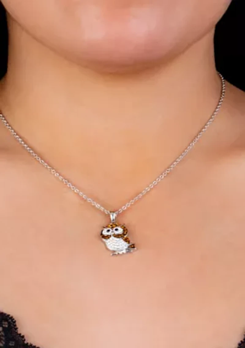 Boxed Fine Silver Plated Crystal Pave Owl Necklace