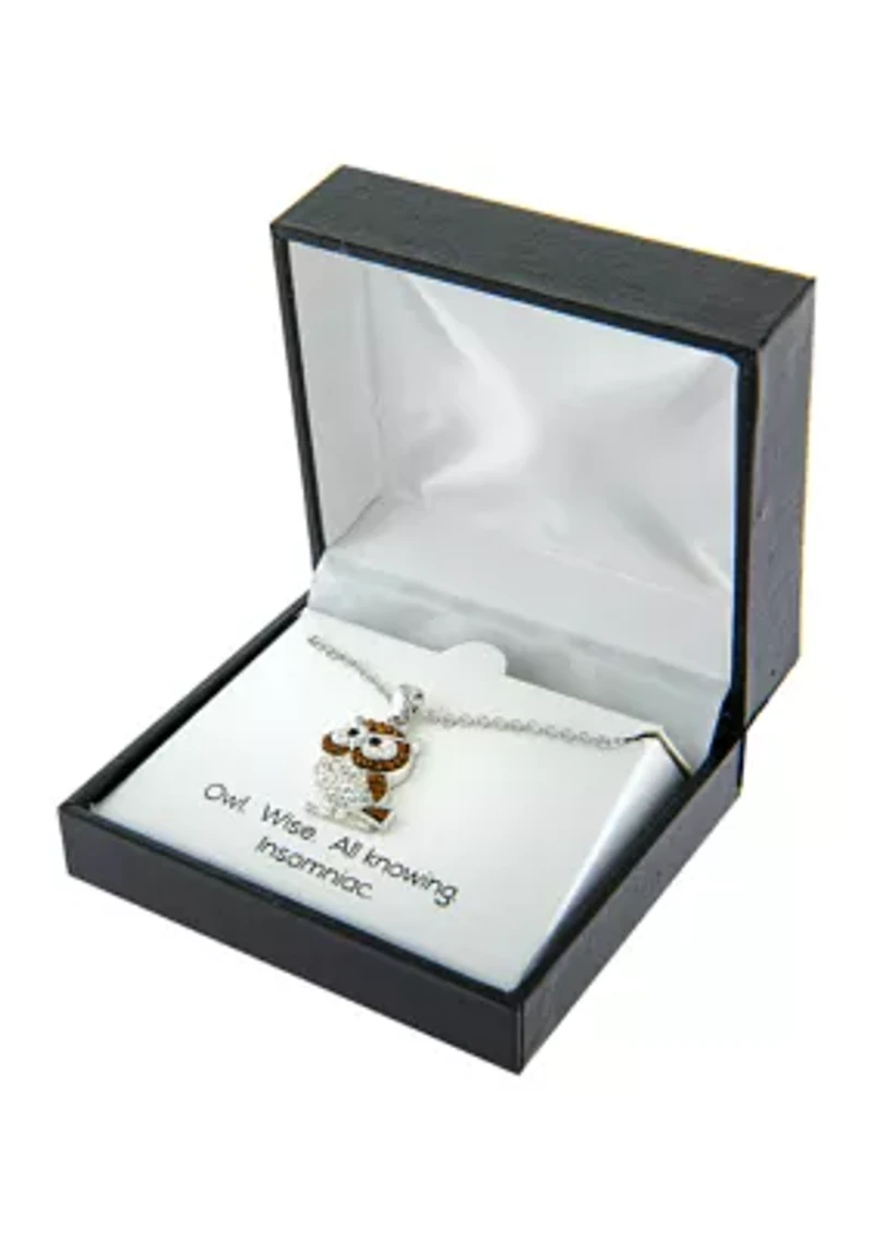 Boxed Fine Silver Plated Crystal Pave Owl Necklace