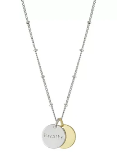 Boxed Two Tone Over Fine Silver Plated 18 in + 2 in Engraved 'Breathe' Disc Pendant Necklace