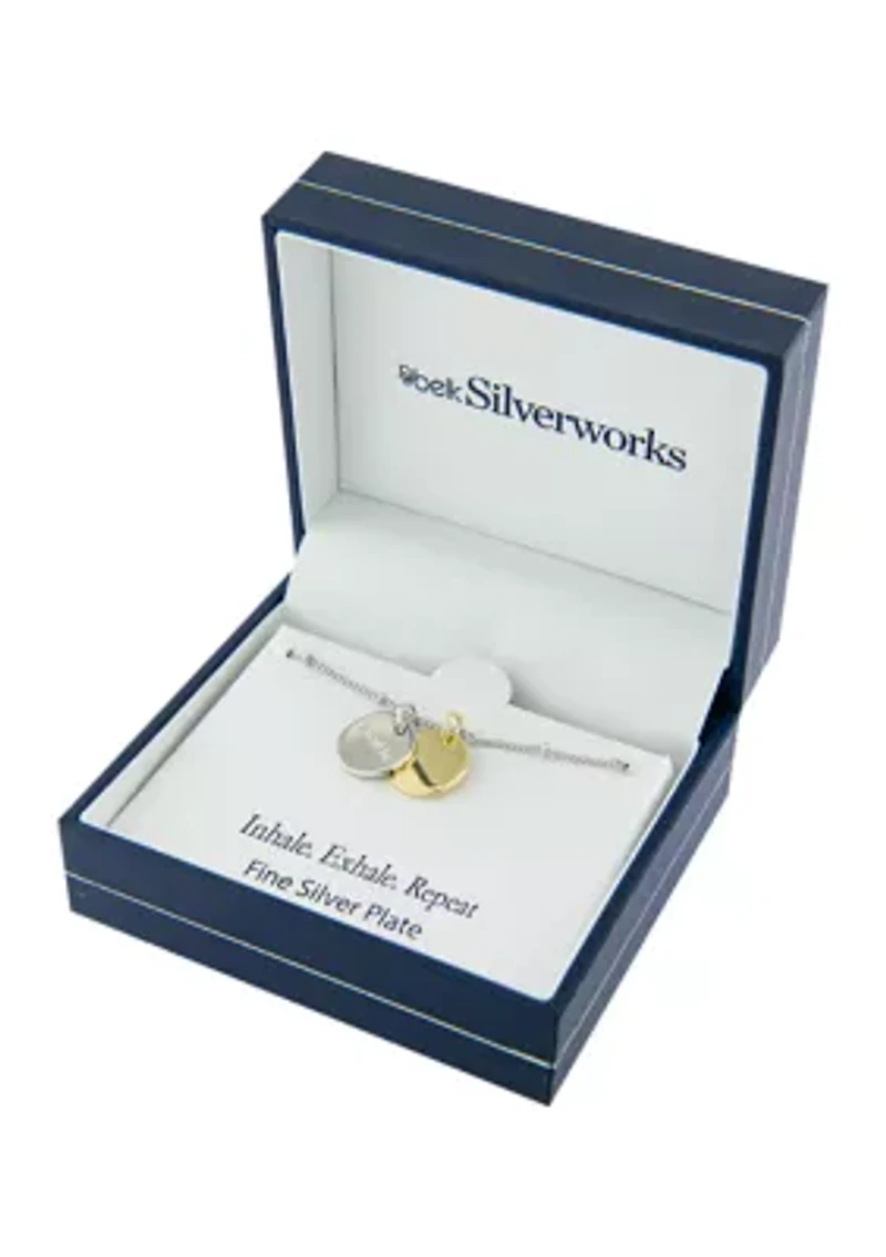 Boxed Two Tone Over Fine Silver Plated 18 in + 2 in Engraved 'Breathe' Disc Pendant Necklace