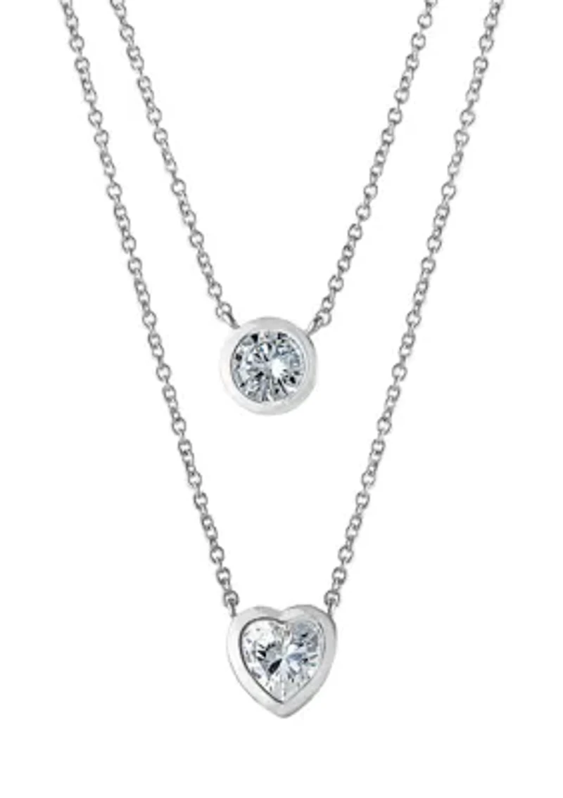 Boxed Fine Silver Plated 16" Cubic Zirconia Circle and Heart 2 Layer Necklace