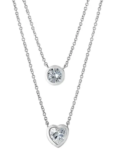 Boxed Fine Silver Plated 16" Cubic Zirconia Circle and Heart 2 Layer Necklace
