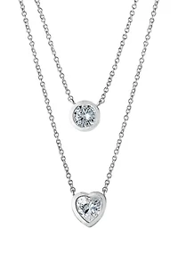 Boxed Fine Silver Plated 16" Cubic Zirconia Circle and Heart 2 Layer Necklace